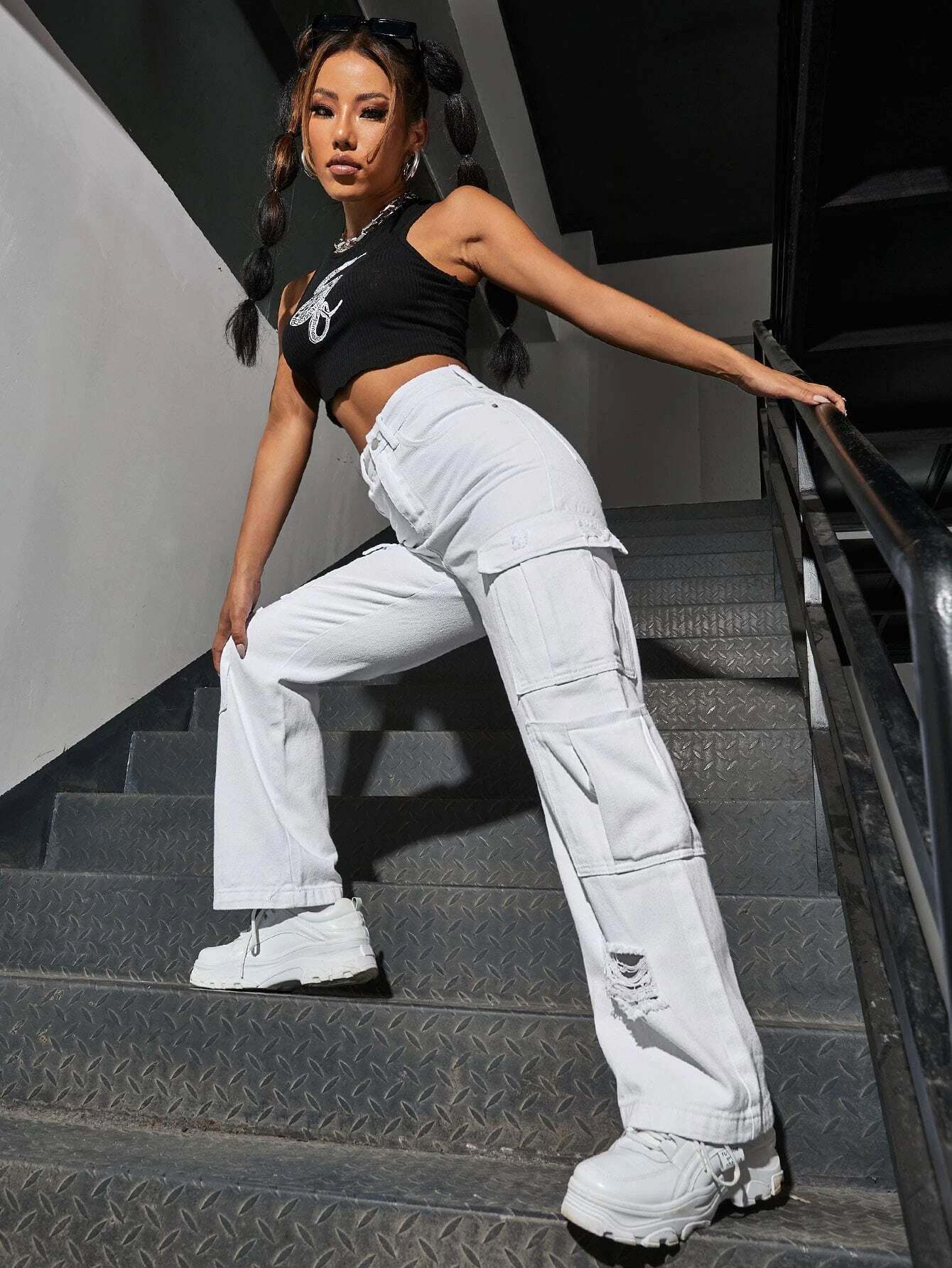 Western Flap Pocket Ripped Jeans-Waves And Trunks