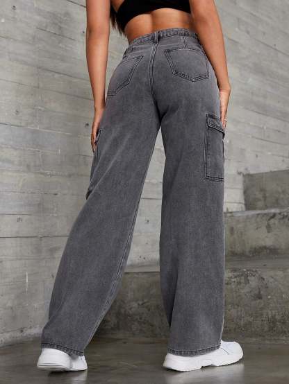 High Rise Flap Pocket Wide Length Jeans-Waves And Trunks