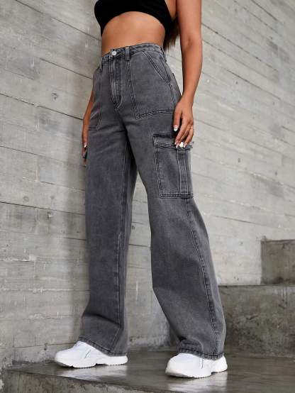 High Rise Flap Pocket Wide Length Jeans-Waves And Trunks