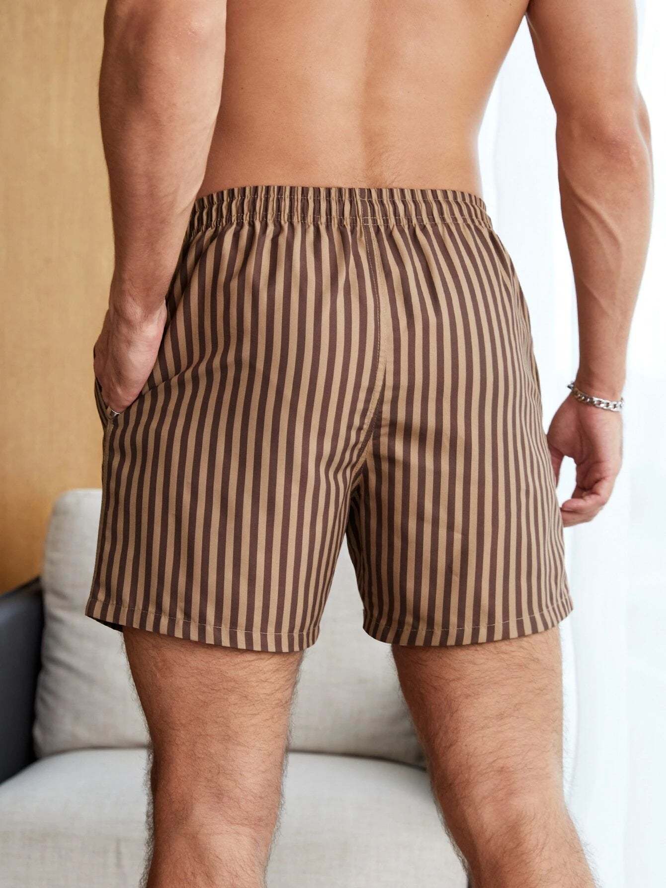 Striped Print Swim Shorts With Flap Pocket-Waves And Trunks