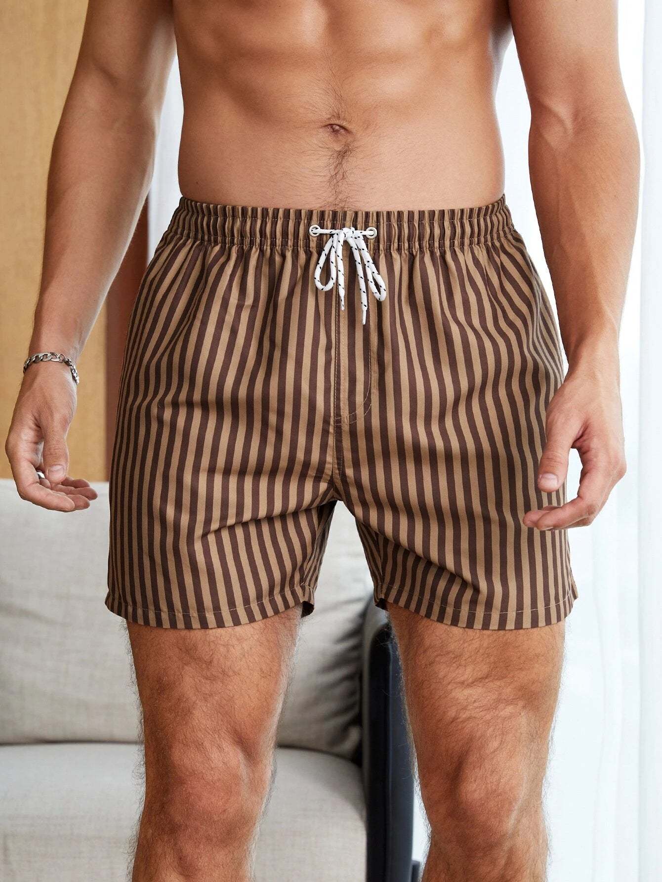 Striped Print Swim Shorts With Flap Pocket-Waves And Trunks