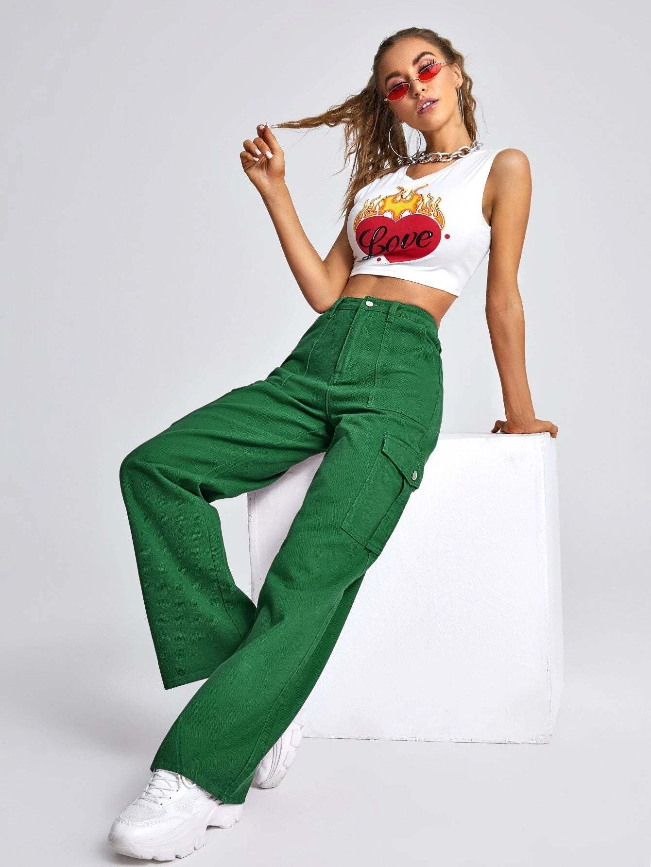 High Rise Flap Pocket Wide Length Jeans-Waves And Trunks