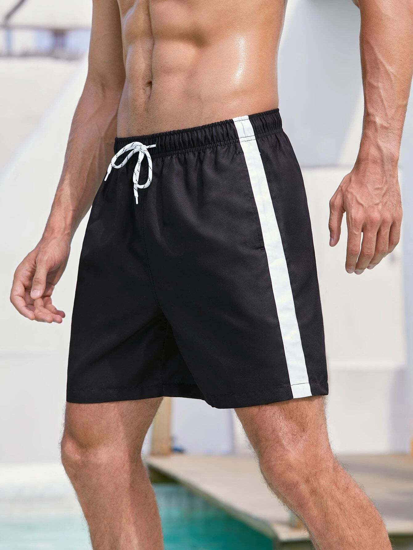 Striped Side Drawstring Waist Swim Shorts-Waves And Trunks