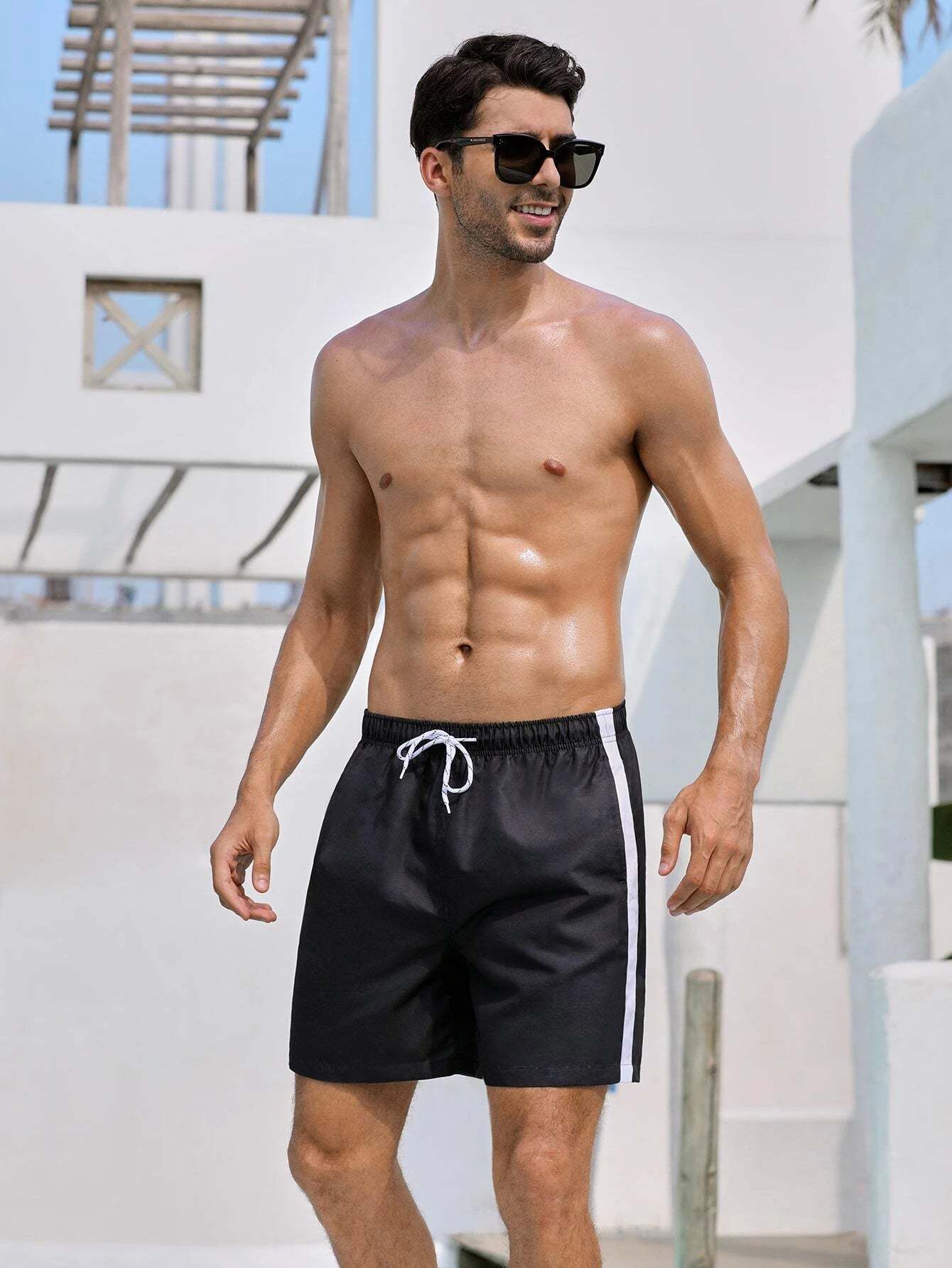 Striped Side Drawstring Waist Swim Shorts-Waves And Trunks