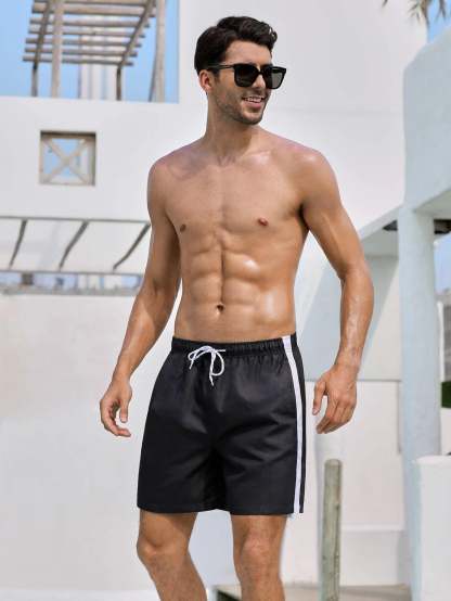 Striped Side Drawstring Waist Swim Shorts-Waves And Trunks