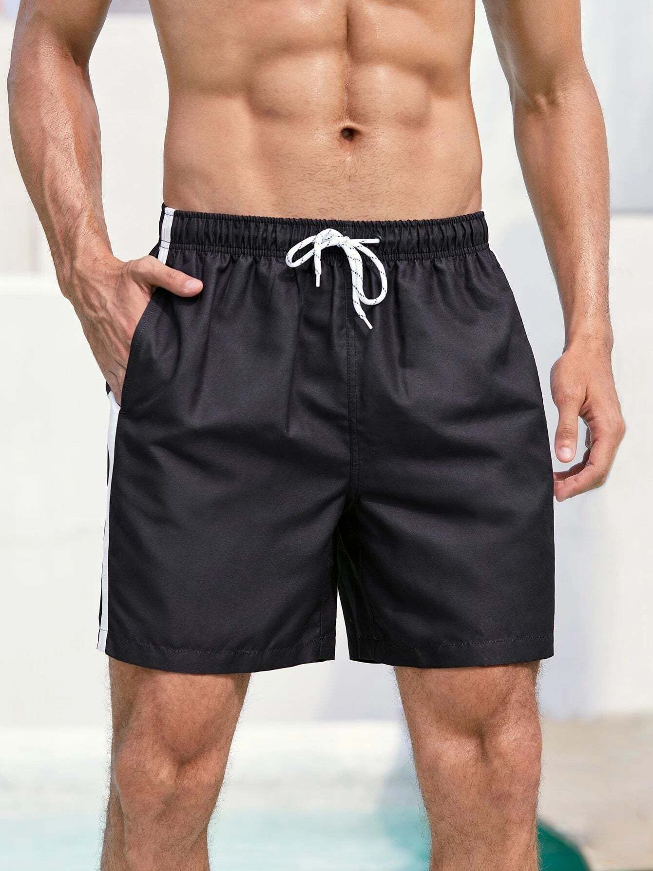 Striped Side Drawstring Waist Swim Shorts-Waves And Trunks