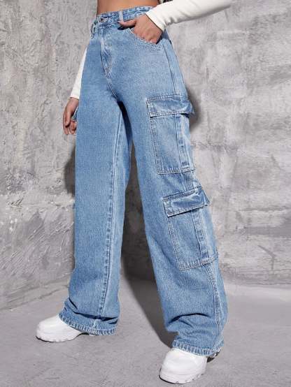 Plain Zipper Fly Flap Pocket Jeans-Waves And Trunks