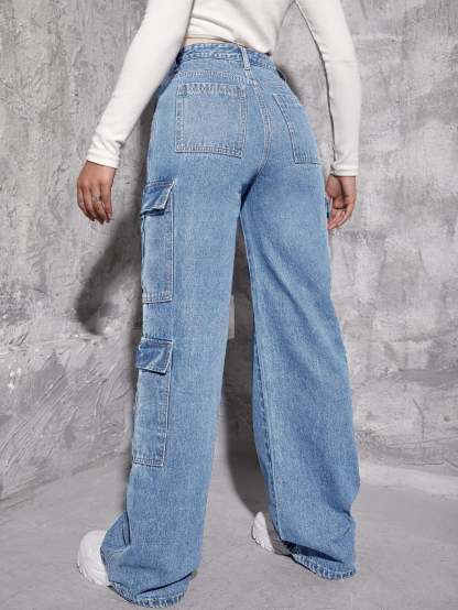 Plain Zipper Fly Flap Pocket Jeans-Waves And Trunks