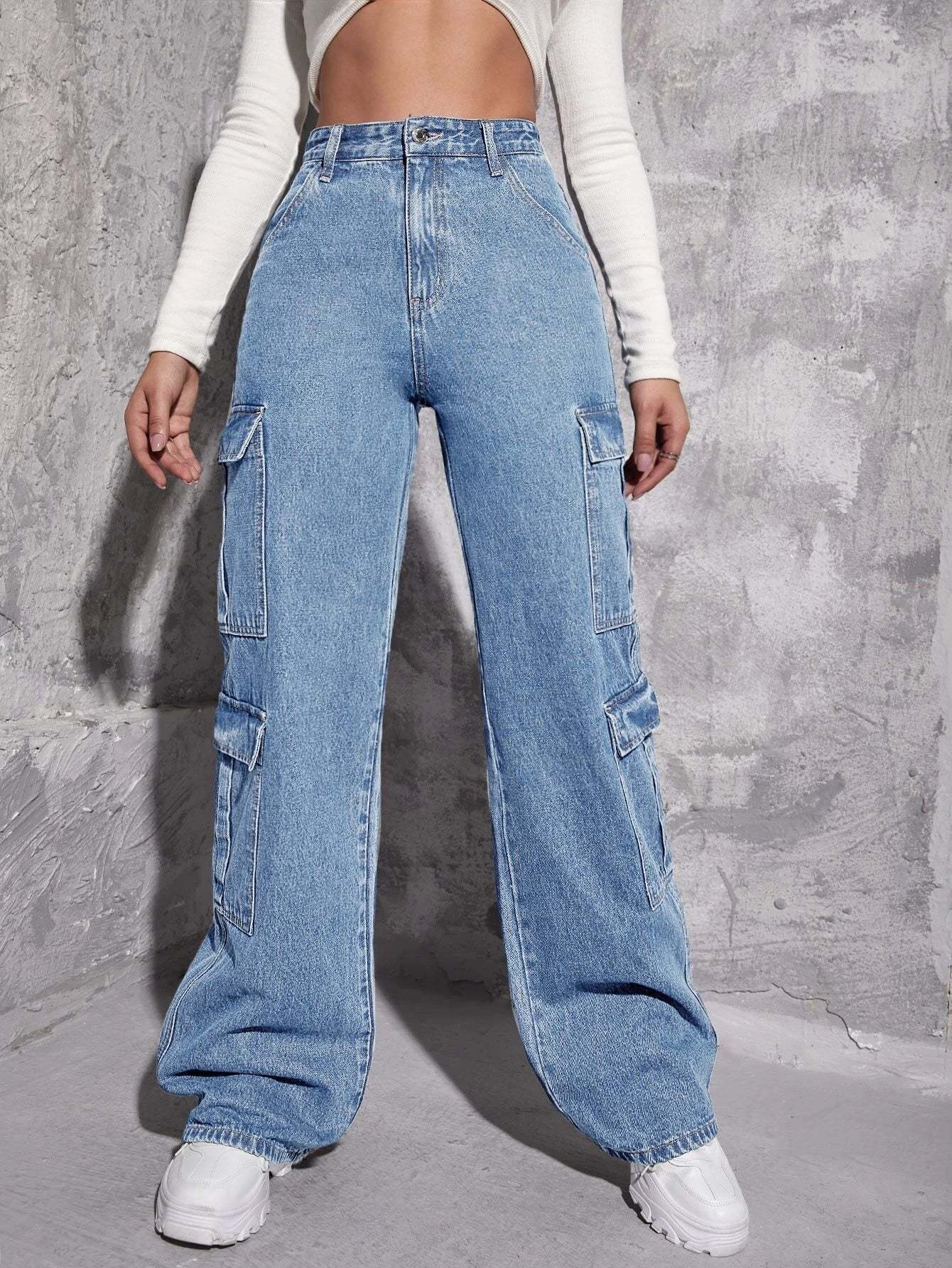 Plain Zipper Fly Flap Pocket Jeans-Waves And Trunks