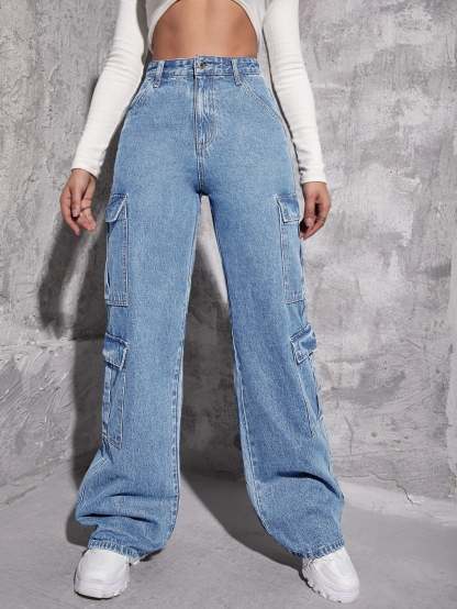 Plain Zipper Fly Flap Pocket Jeans-Waves And Trunks
