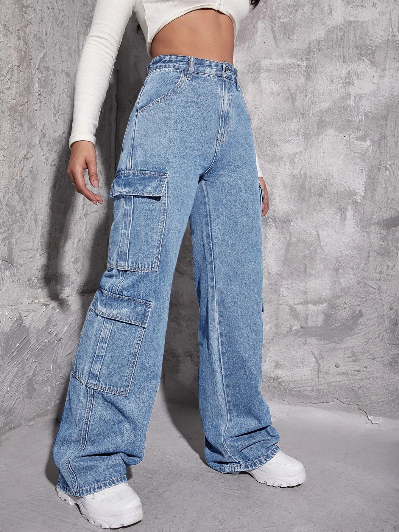 Plain Zipper Fly Flap Pocket Jeans-Waves And Trunks