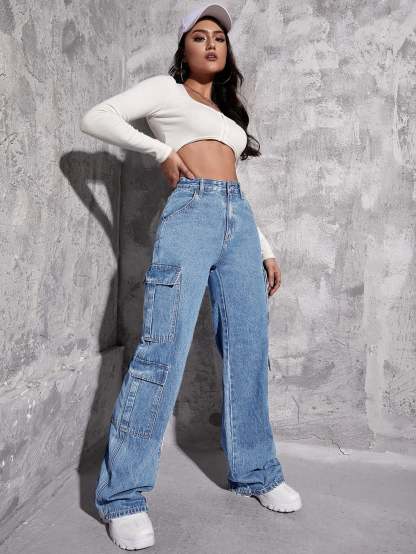 Plain Zipper Fly Flap Pocket Jeans-Waves And Trunks