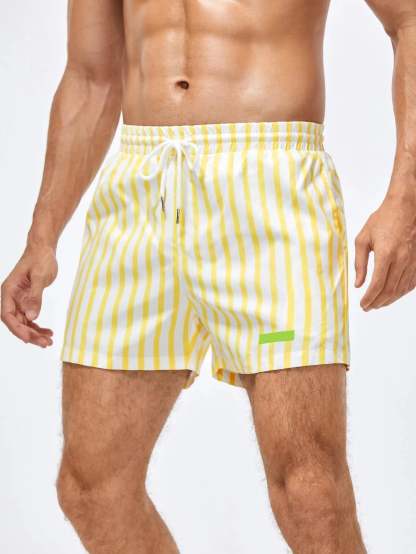 Striped Patched Drawstring Swim Shorts-Waves And Trunks