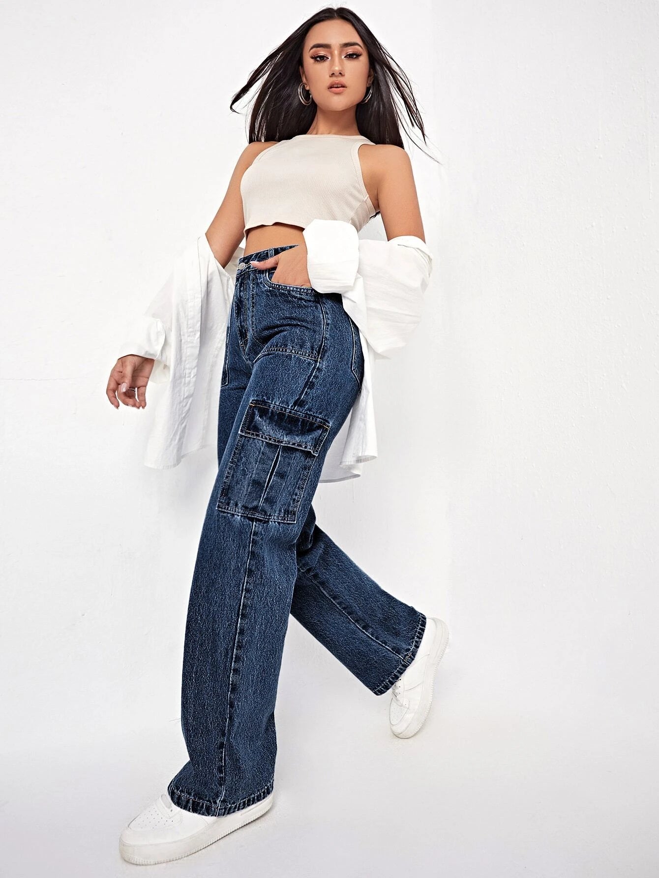 High Rise Cargo Jeans-Waves And Trunks