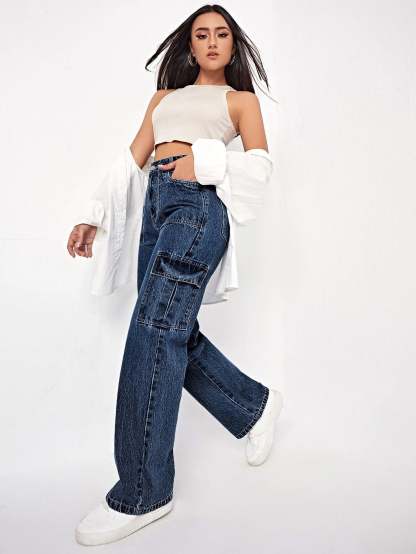 High Rise Cargo Jeans-Waves And Trunks