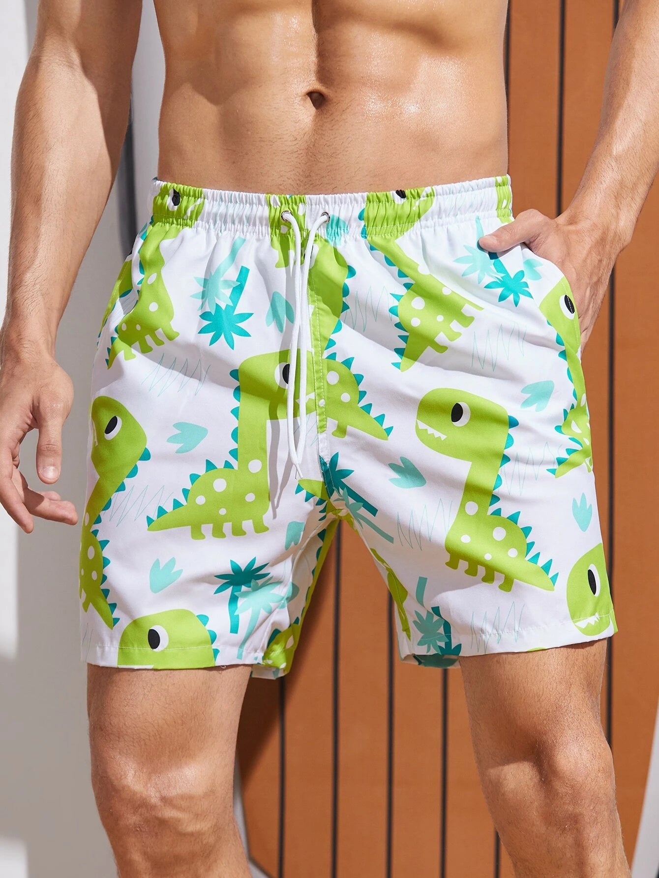 Cartoon Dinosaur Print Swim Shorts-Waves And Trunks