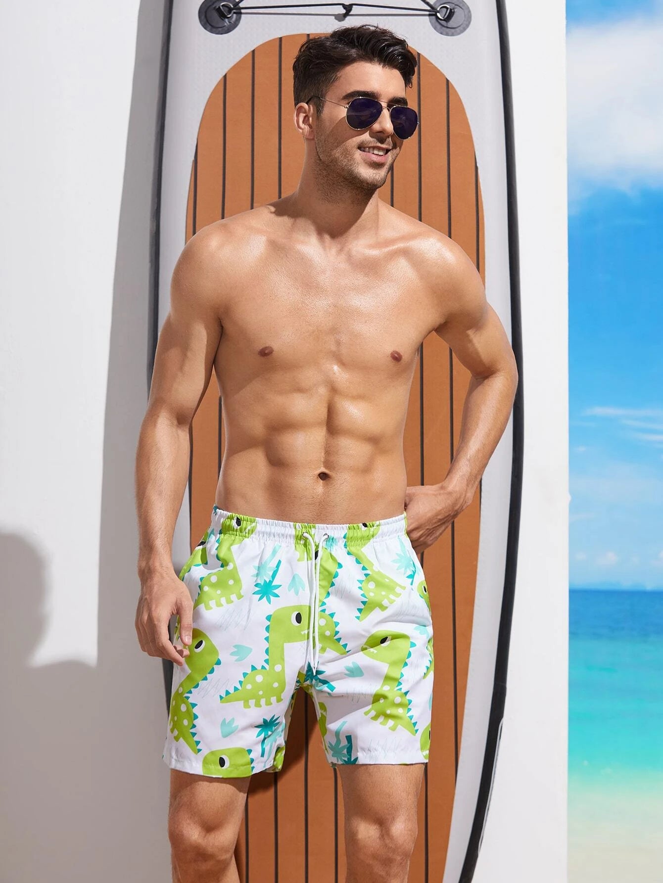 Cartoon Dinosaur Print Swim Shorts-Waves And Trunks