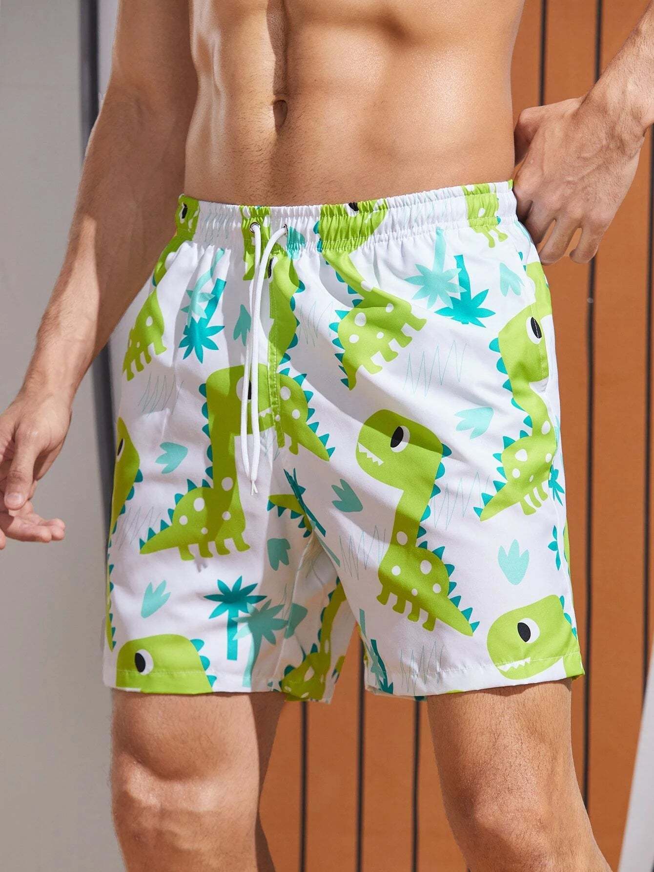 Cartoon Dinosaur Print Swim Shorts-Waves And Trunks