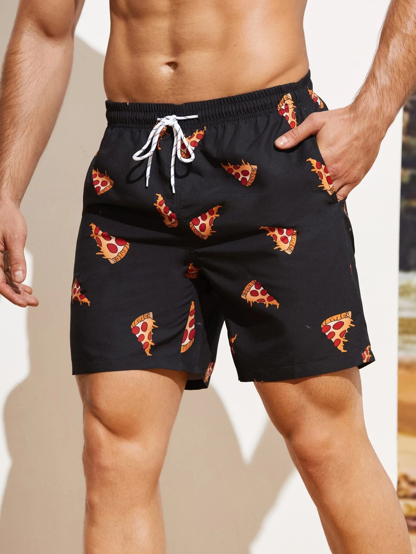 Pizza Print Drawstring Waist Swim Shorts-Waves And Trunks