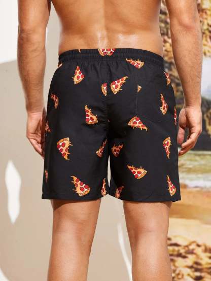 Pizza Print Drawstring Waist Swim Shorts-Waves And Trunks