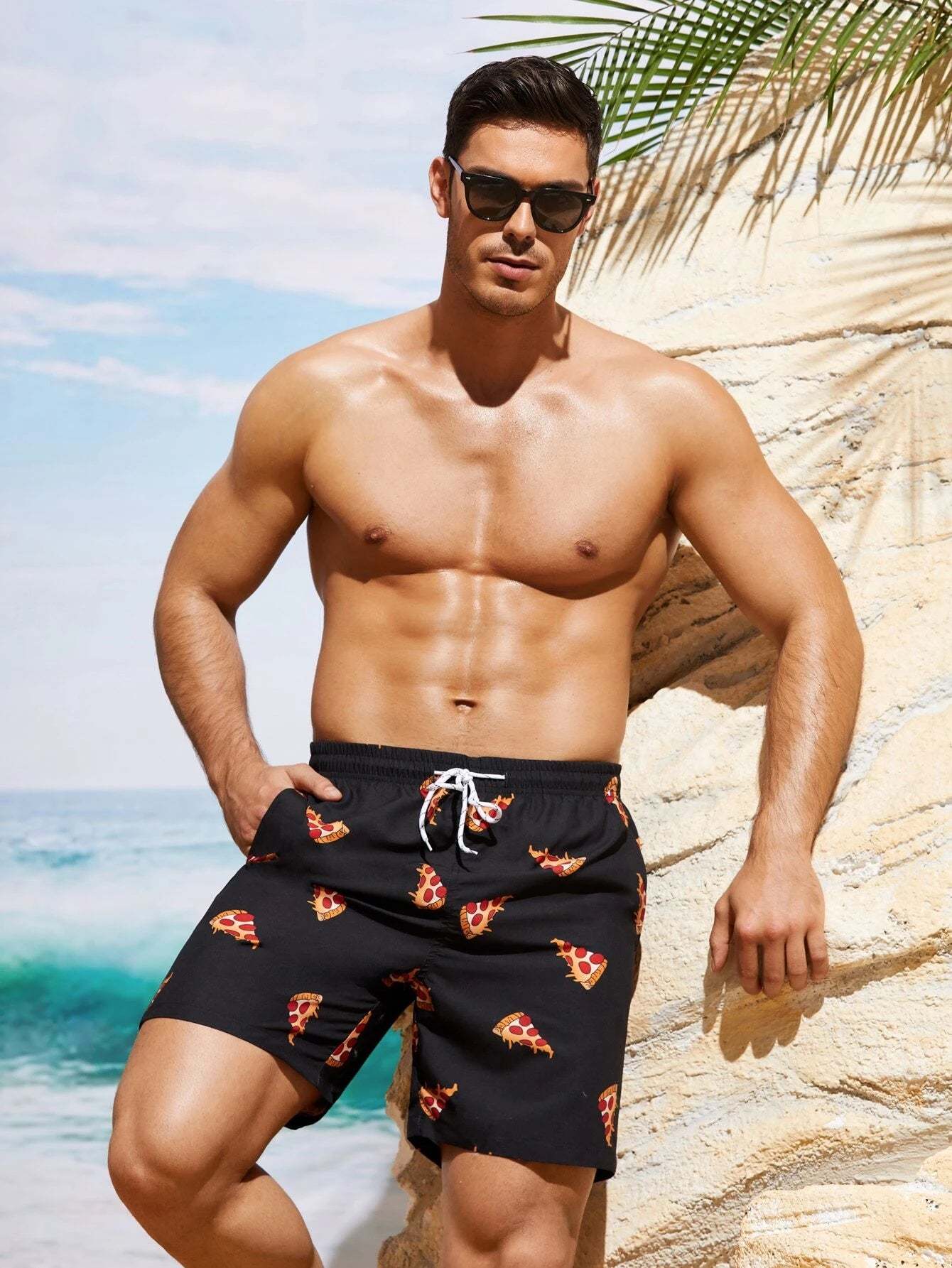 Pizza Print Drawstring Waist Swim Shorts-Waves And Trunks