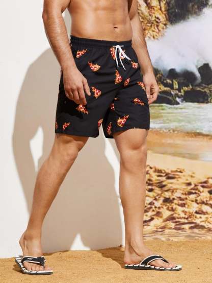 Pizza Print Drawstring Waist Swim Shorts-Waves And Trunks
