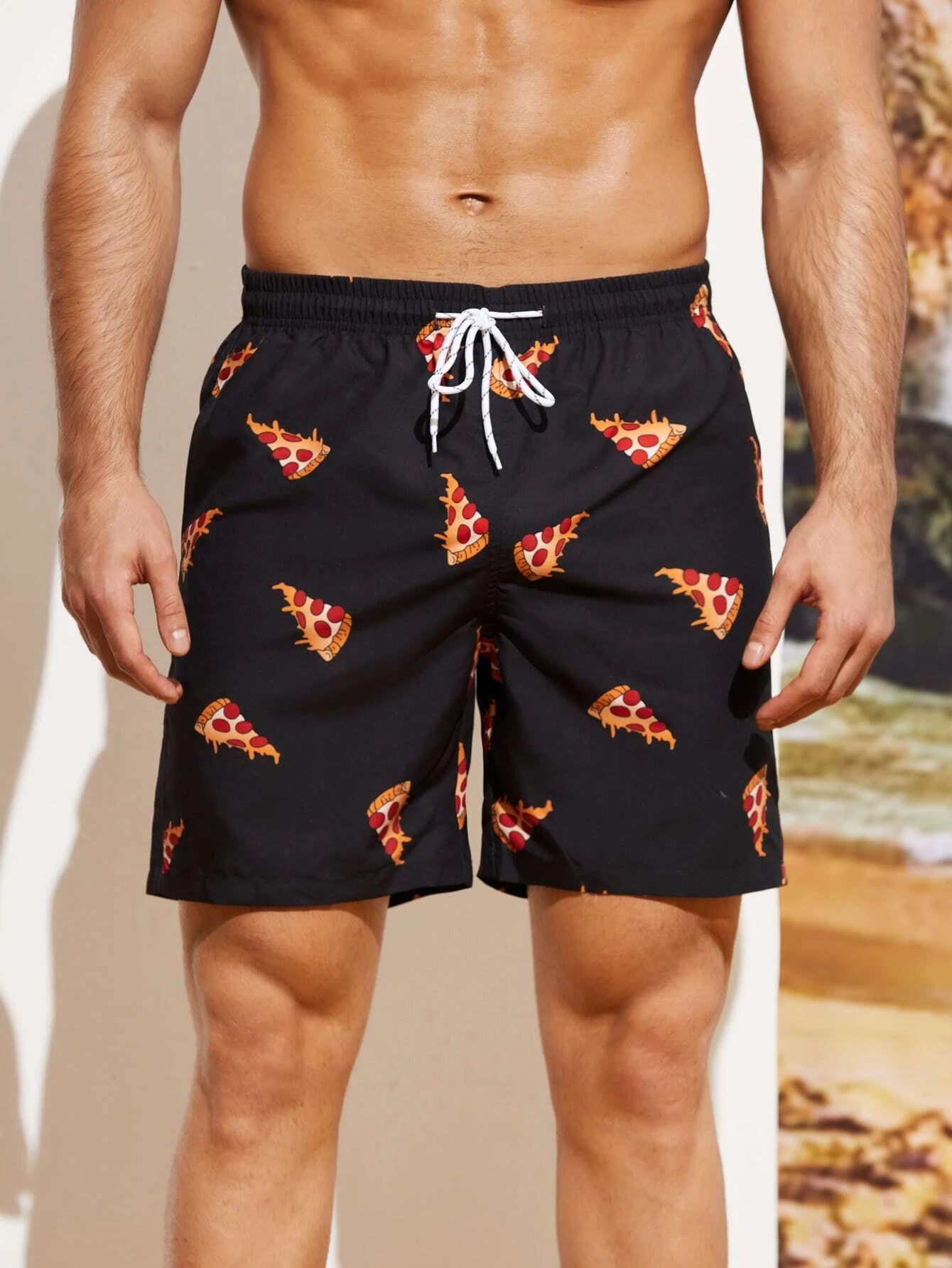 Pizza Print Drawstring Waist Swim Shorts-Waves And Trunks
