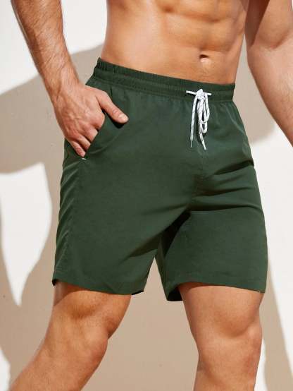 Plain Drawstring Waist Swim Shorts-Waves And Trunks