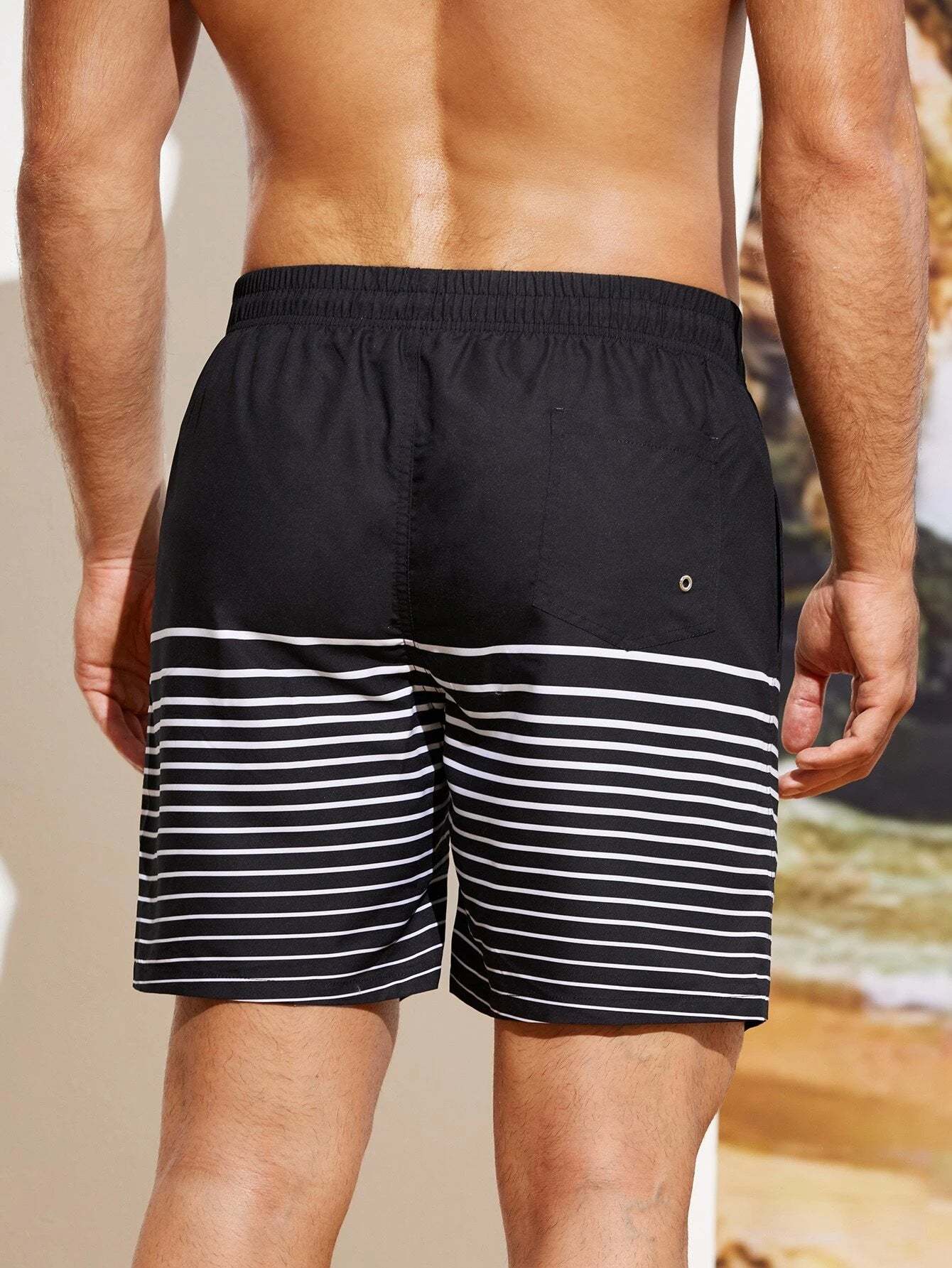 Classic Style Striped Drawstring Waist Swim Shorts-Waves And Trunks