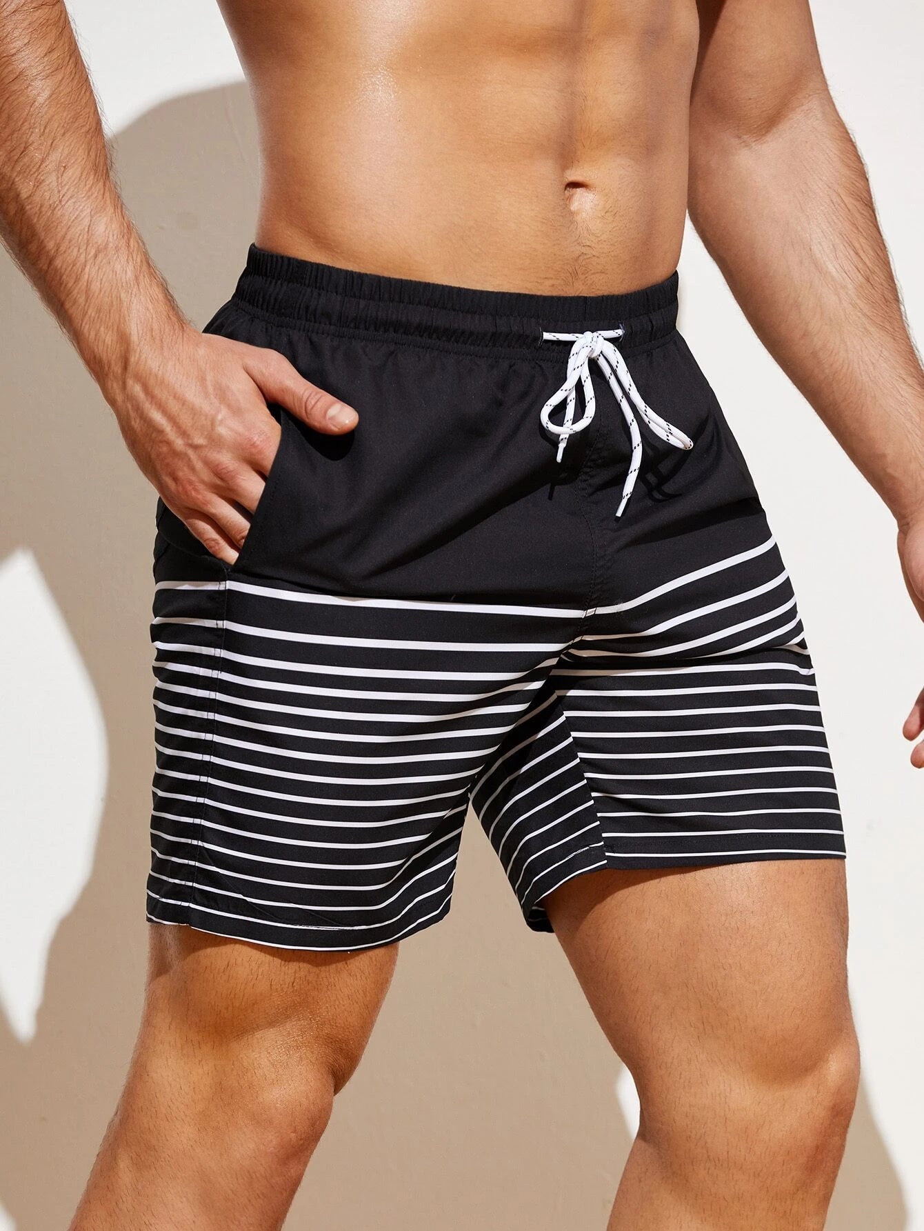 Classic Style Striped Drawstring Waist Swim Shorts-Waves And Trunks