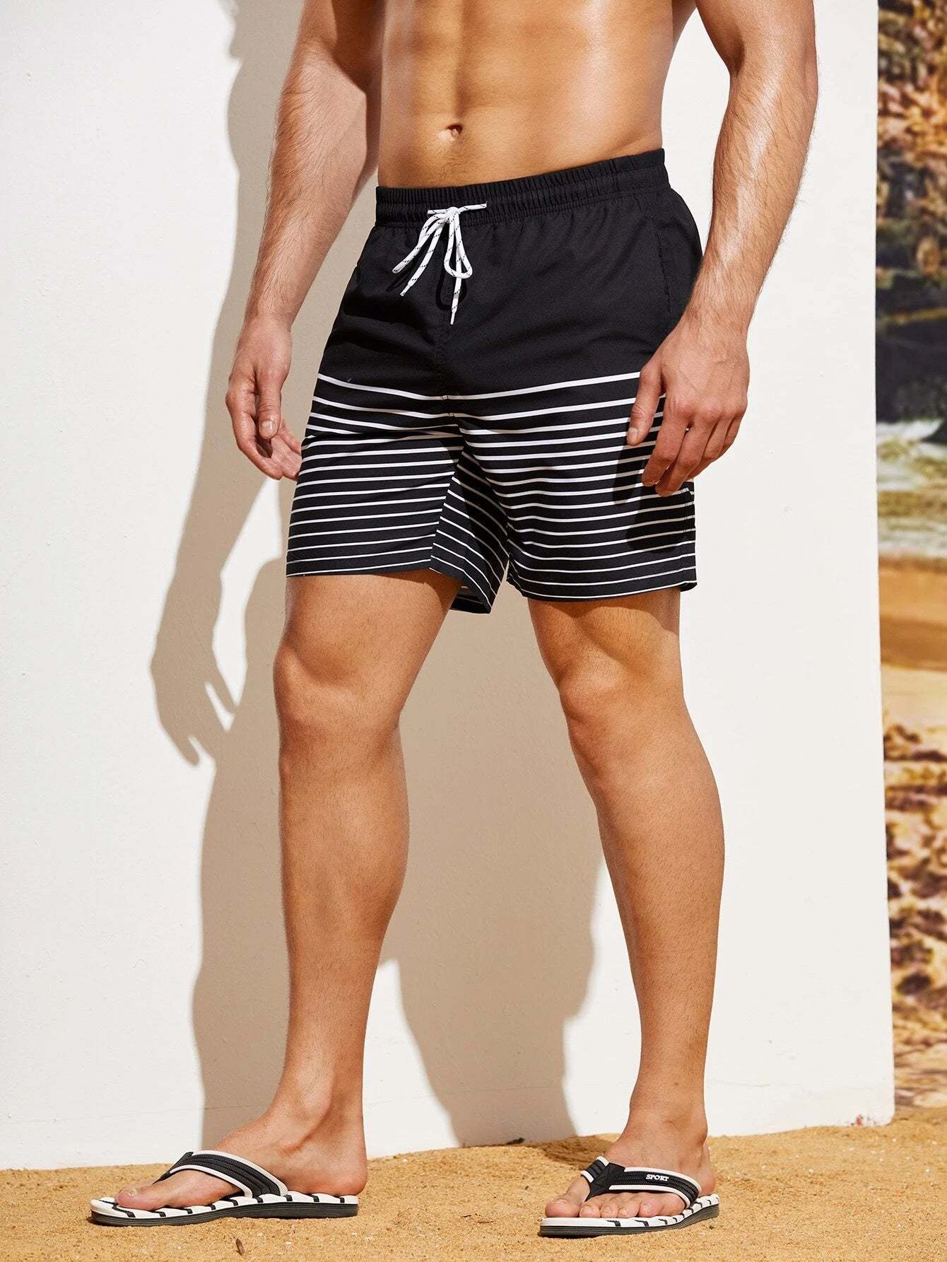 Classic Style Striped Drawstring Waist Swim Shorts-Waves And Trunks
