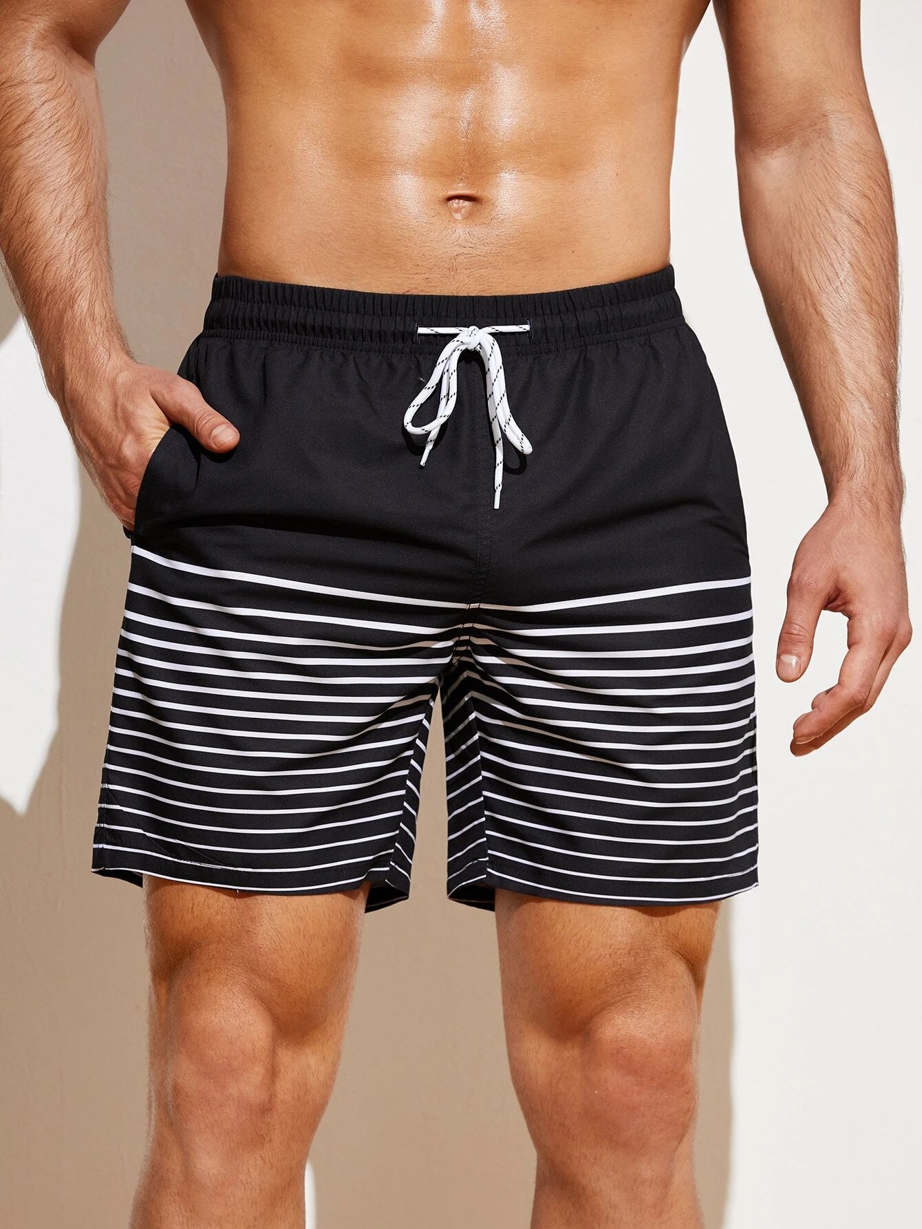 Classic Style Striped Drawstring Waist Swim Shorts-Waves And Trunks