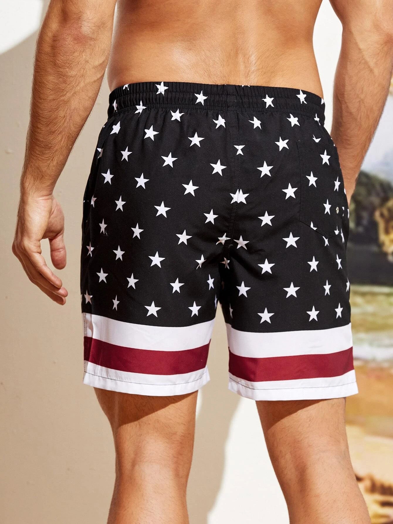 Star Print Drawstring Waist Swim Shorts-Waves And Trunks