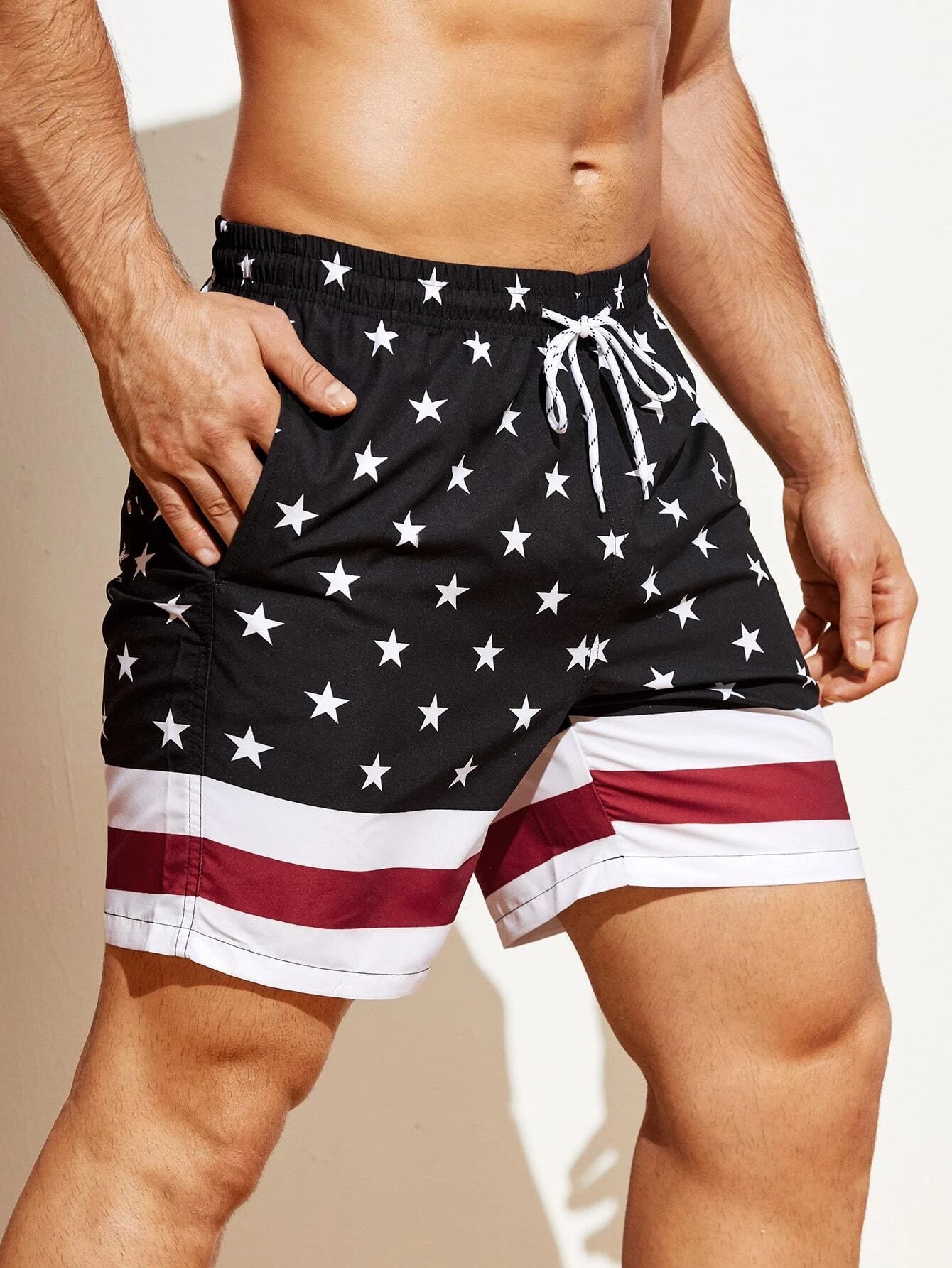 Star Print Drawstring Waist Swim Shorts-Waves And Trunks