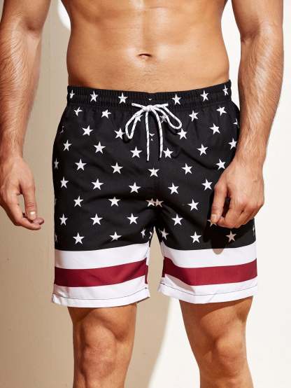 Star Print Drawstring Waist Swim Shorts-Waves And Trunks