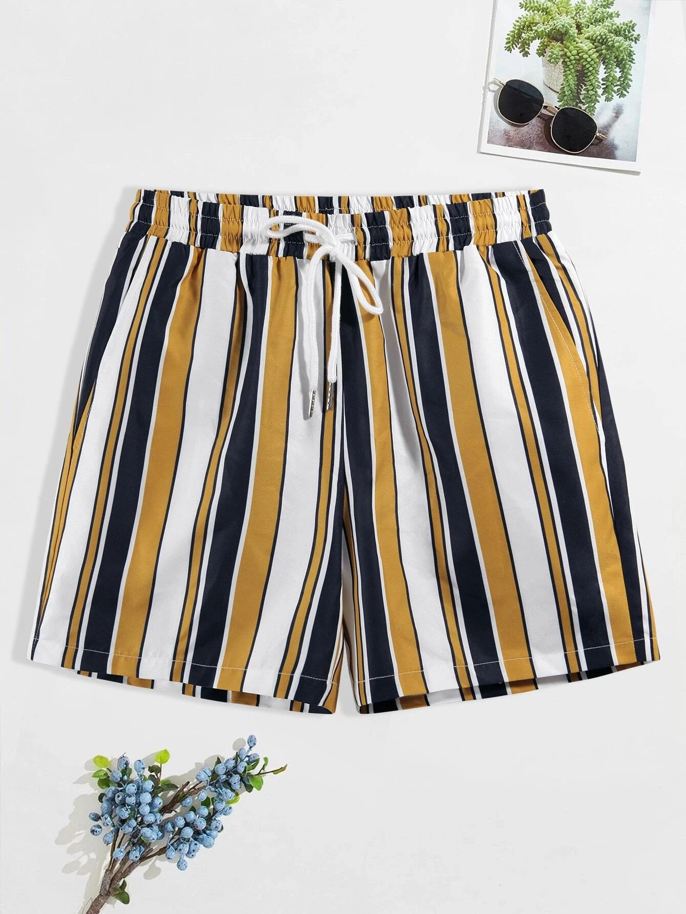 Striped Swim Short With Drawstring Waist-Waves And Trunks