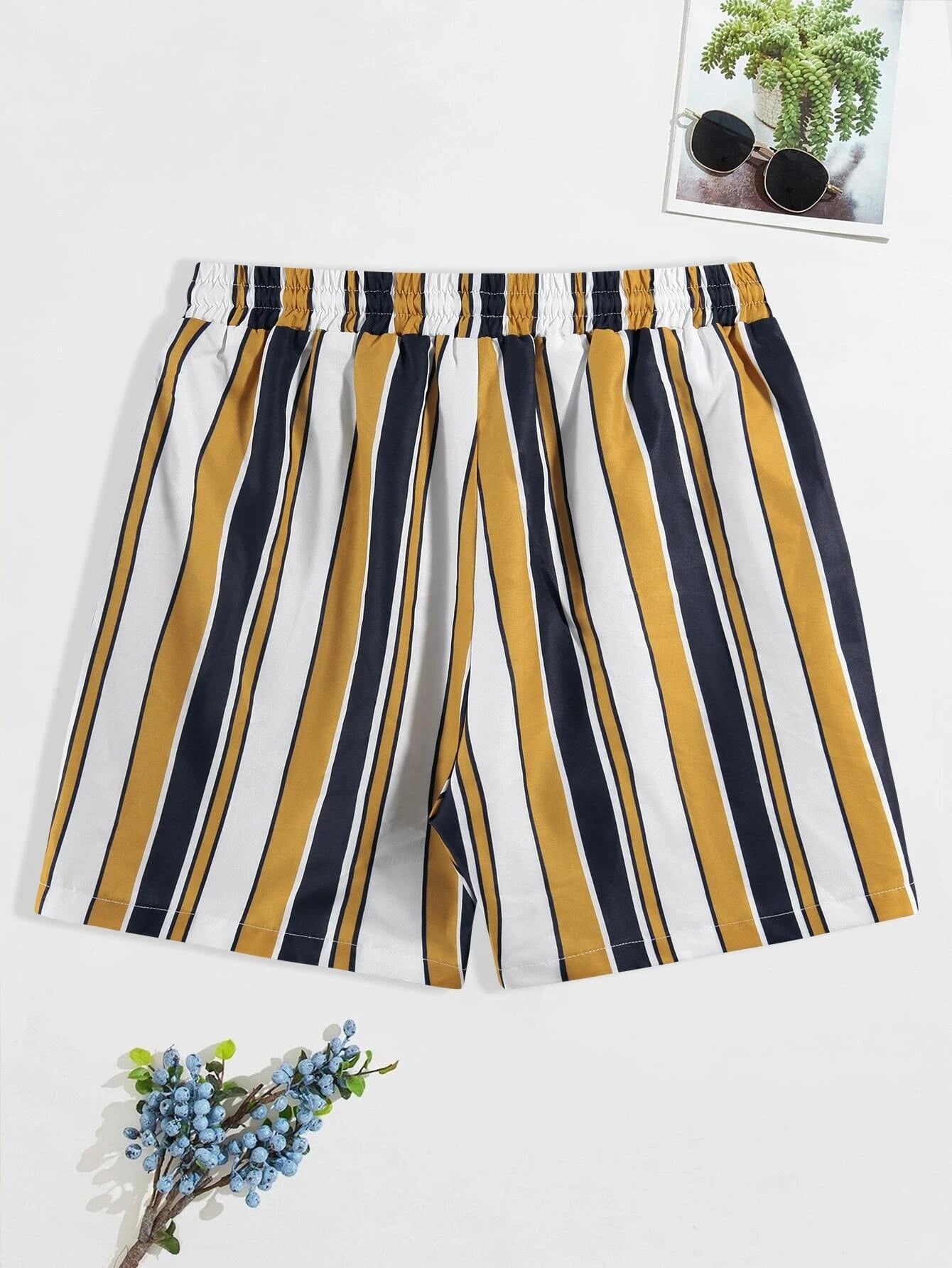 Striped Swim Short With Drawstring Waist-Waves And Trunks