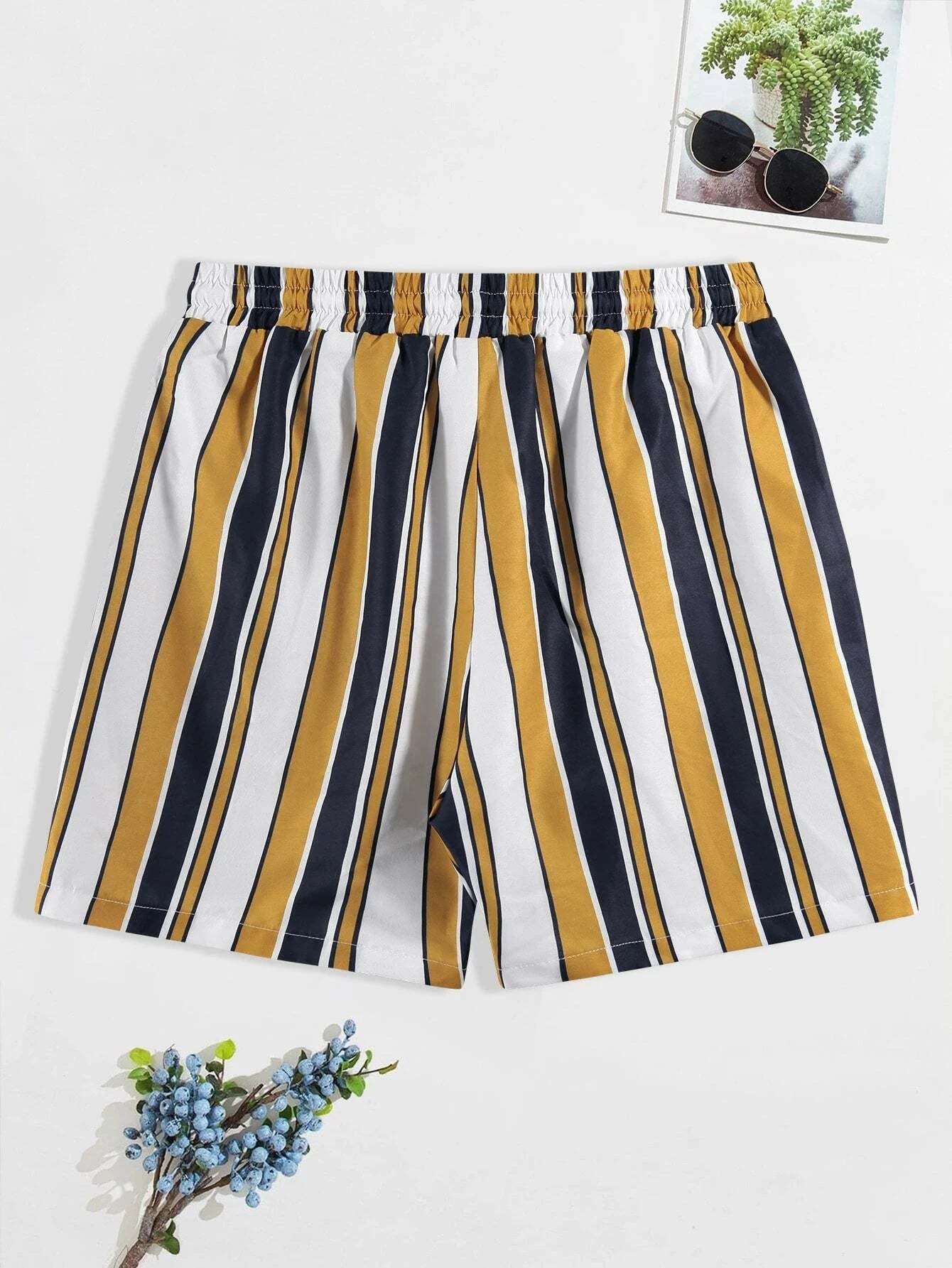 Striped Swim Short With Drawstring Waist-Waves And Trunks