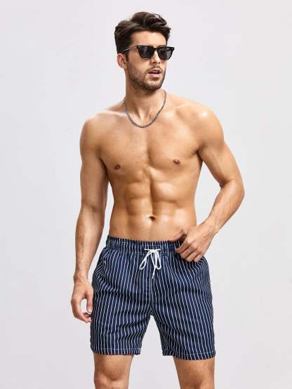 Striped Print Drawstring Waist Swim Trunks-Waves And Trunks