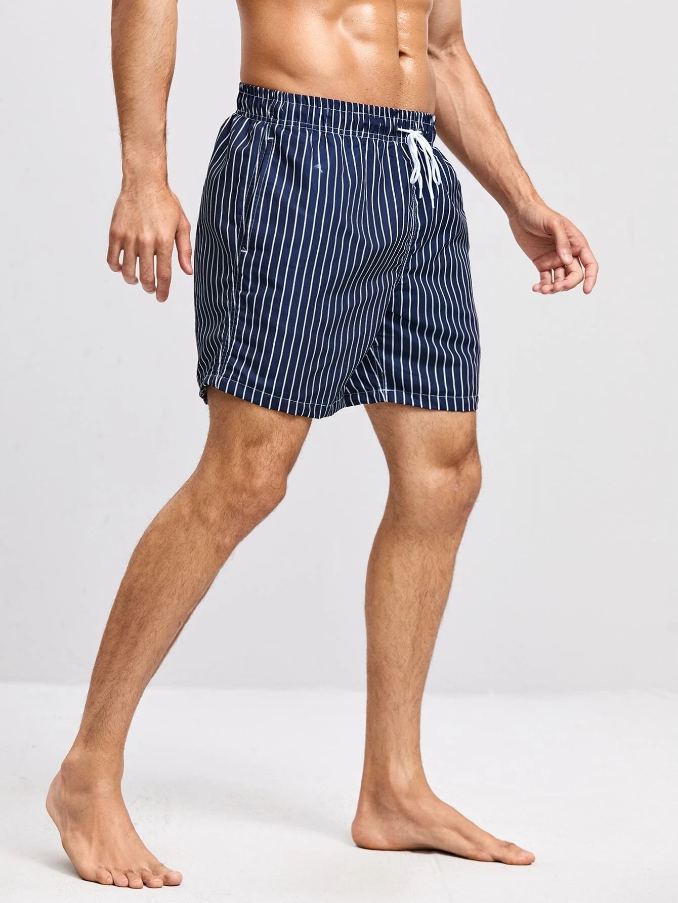 Striped Print Drawstring Waist Swim Trunks-Waves And Trunks