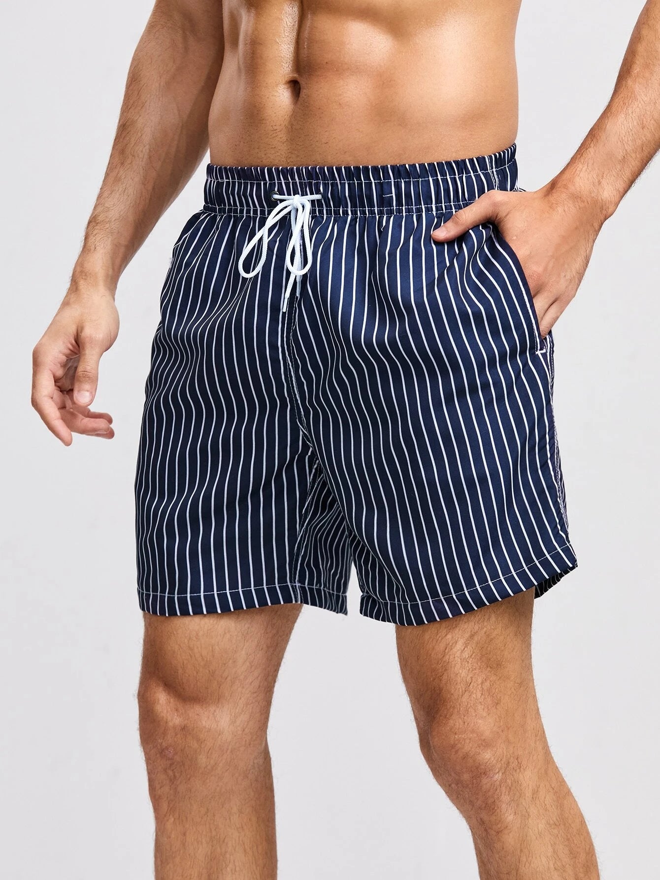 Striped Print Drawstring Waist Swim Trunks-Waves And Trunks