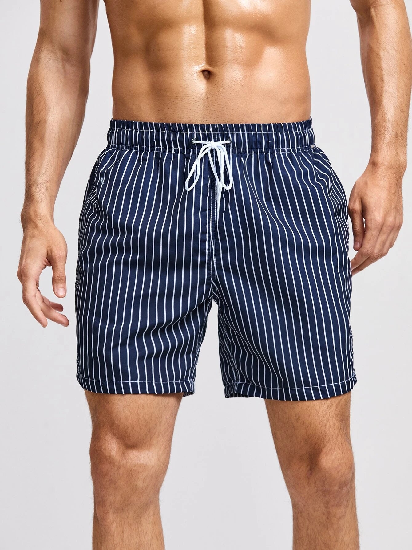 Striped Print Drawstring Waist Swim Trunks-Waves And Trunks