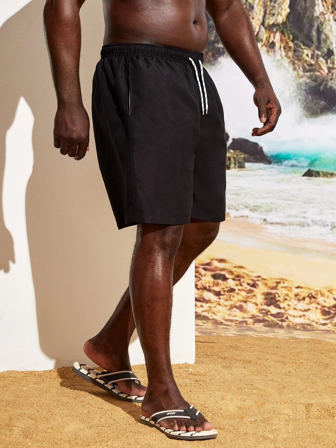 Drawstring Plain Non Stretch  Waist Swim Trunks-Waves And Trunks