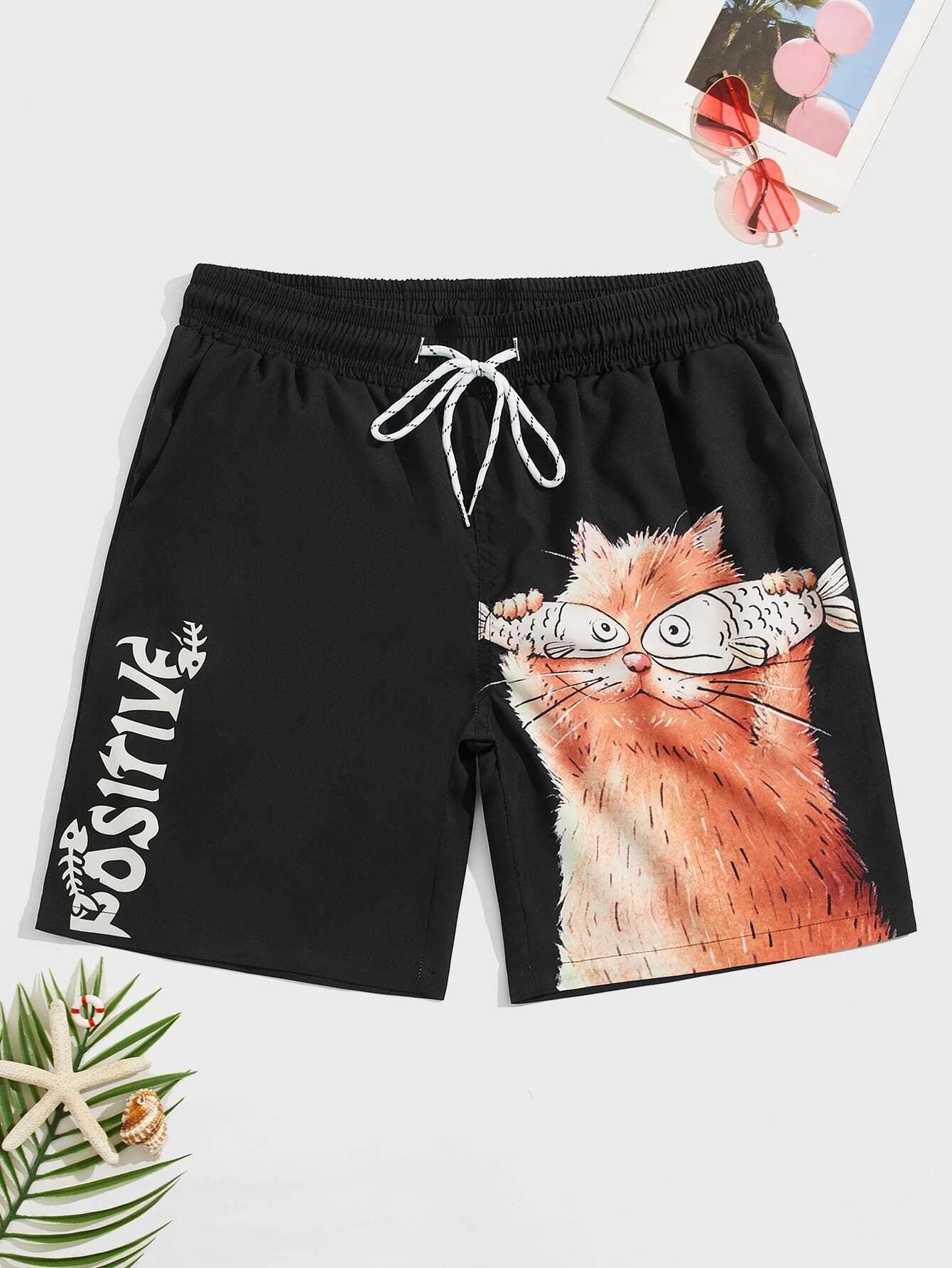 Cartoon Cat Print Swim Shorts-Waves And Trunks