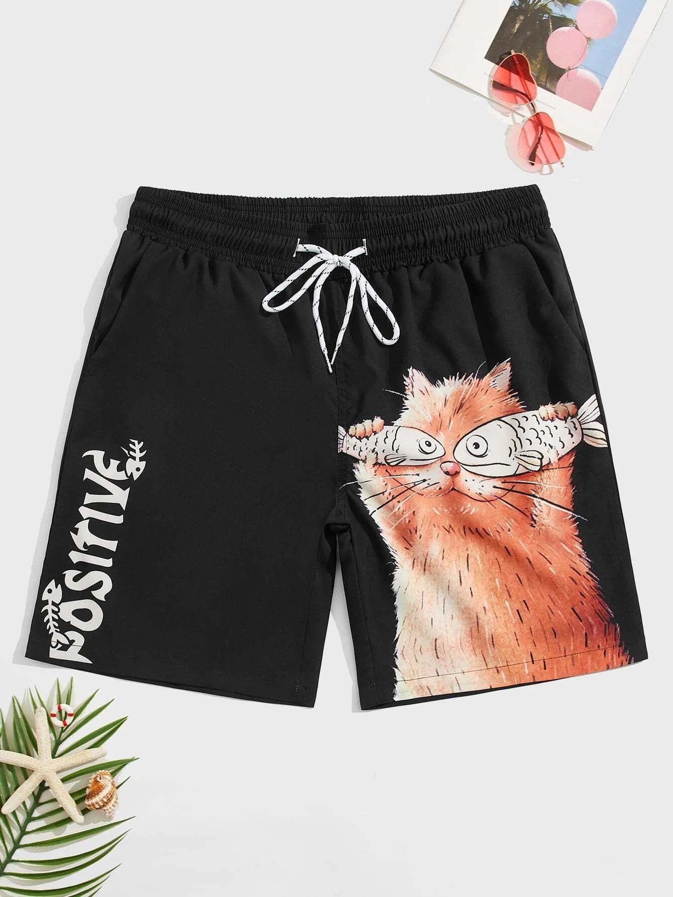 Cartoon Cat Print Swim Shorts-Waves And Trunks