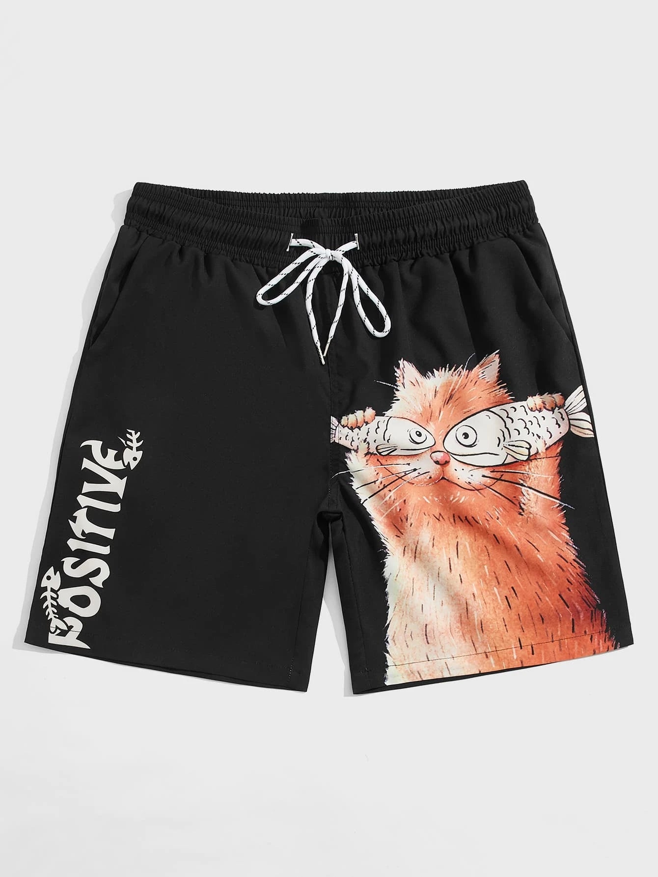 Cartoon Cat Print Swim Shorts-Waves And Trunks