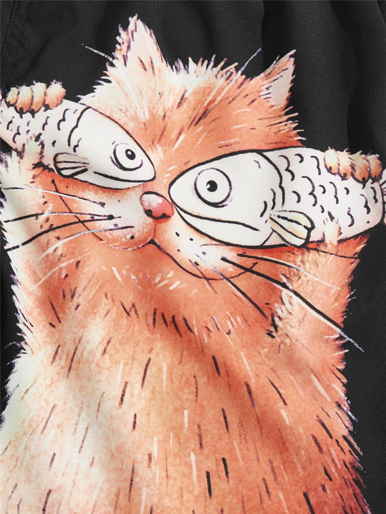 Cartoon Cat Print Swim Shorts-Waves And Trunks
