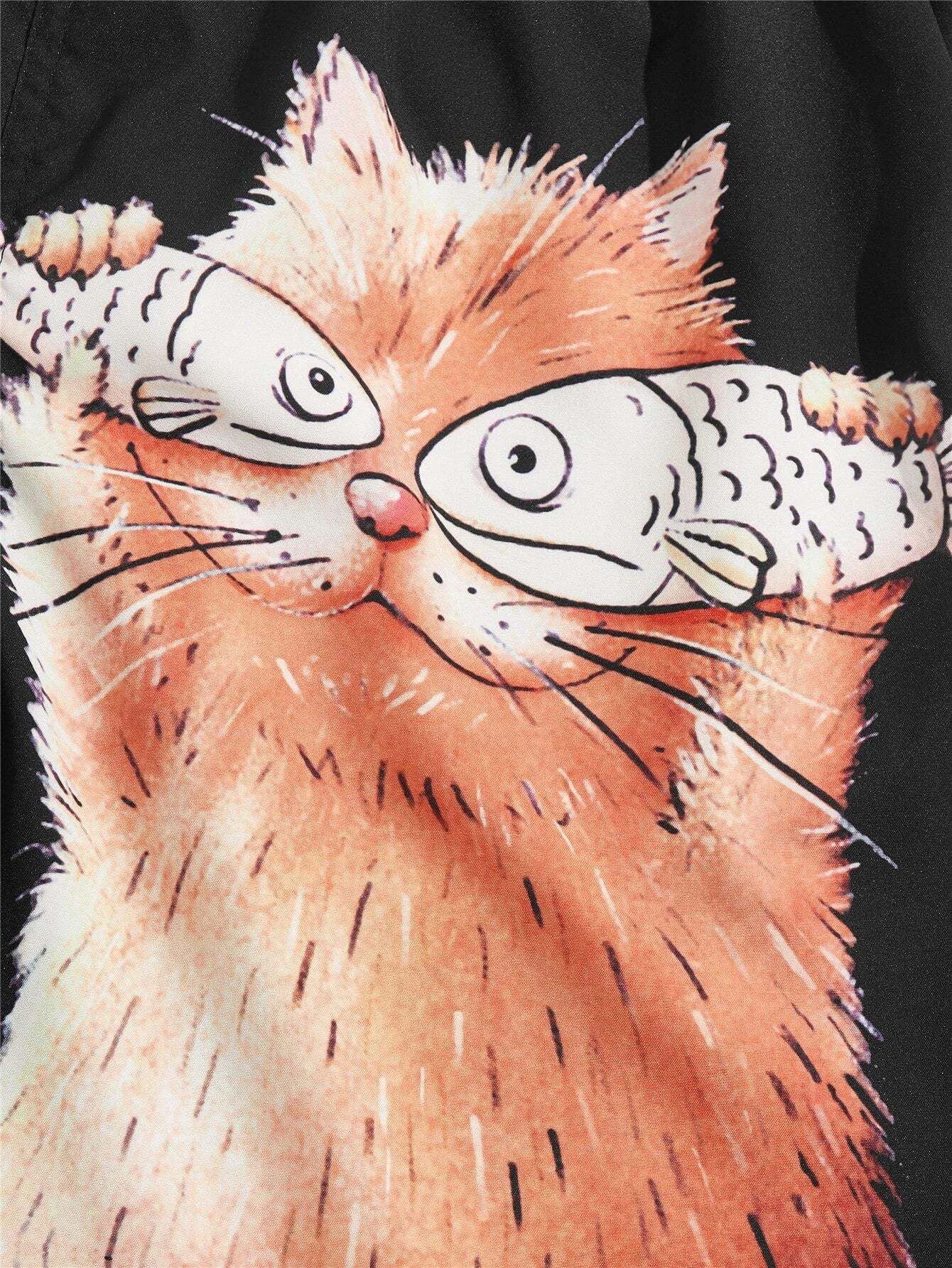 Cartoon Cat Print Swim Shorts-Waves And Trunks