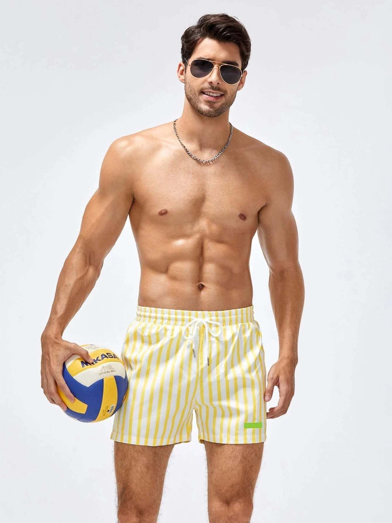 Striped Patched Drawstring Swim Shorts-Waves And Trunks