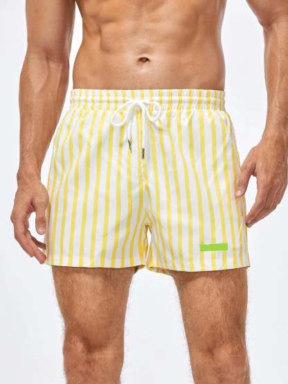 Striped Patched Drawstring Swim Shorts-Waves And Trunks